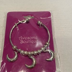 NIP Silvertone Bangle Bracelet w/Beads and Crescent Moons